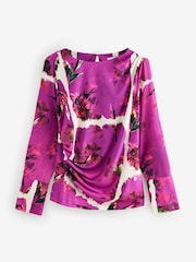 Pink Floral Print Tile Long Sleeve Ruched Detail Blouse - Image 6 of 8