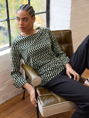 Green Geo Print Long Sleeve Ruched Detail Blouse - Image 2 of 7