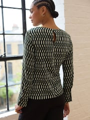 Green Geo Print Long Sleeve Ruched Detail Blouse - Image 3 of 7