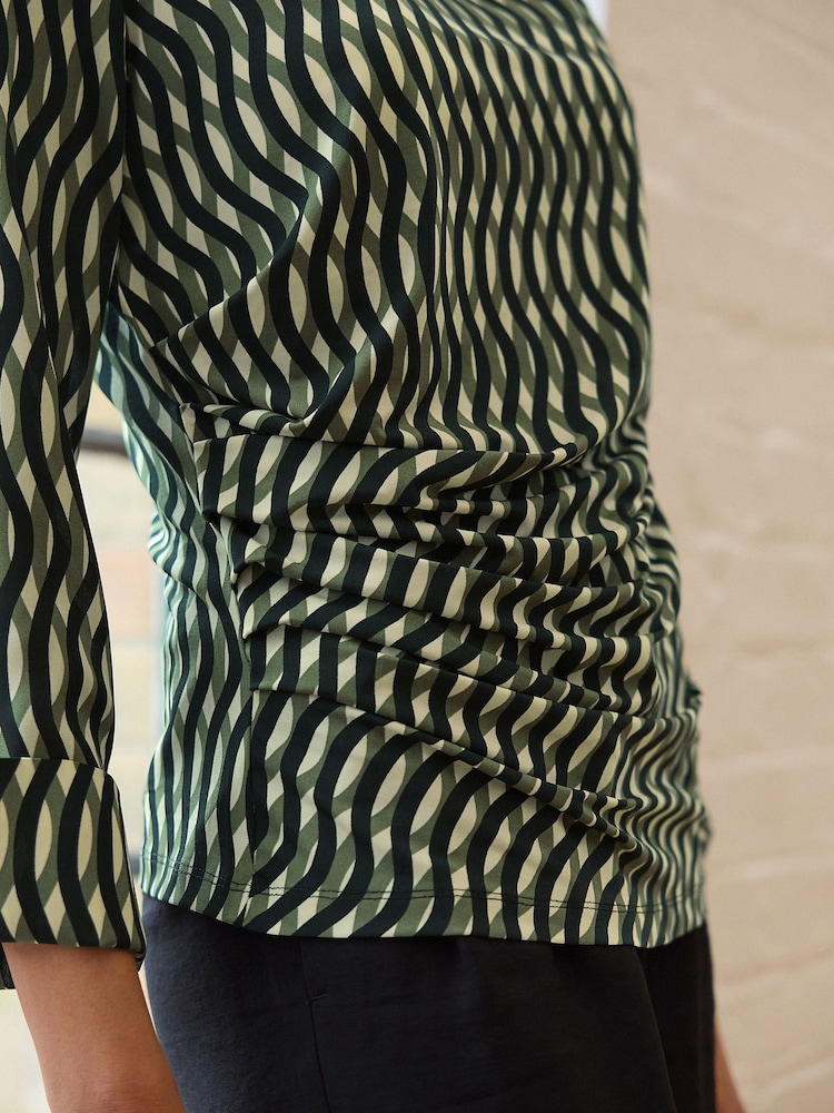 Green Geo Print Long Sleeve Ruched Detail Blouse - Image 4 of 7