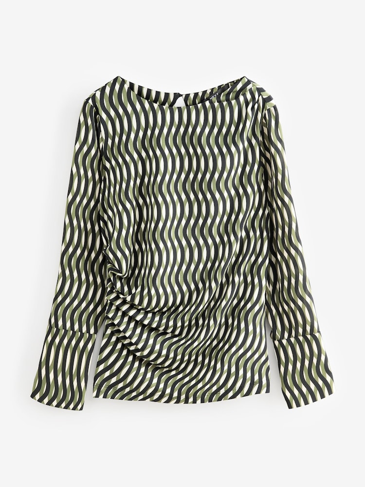 Green Geo Print Long Sleeve Ruched Detail Blouse - Image 5 of 7