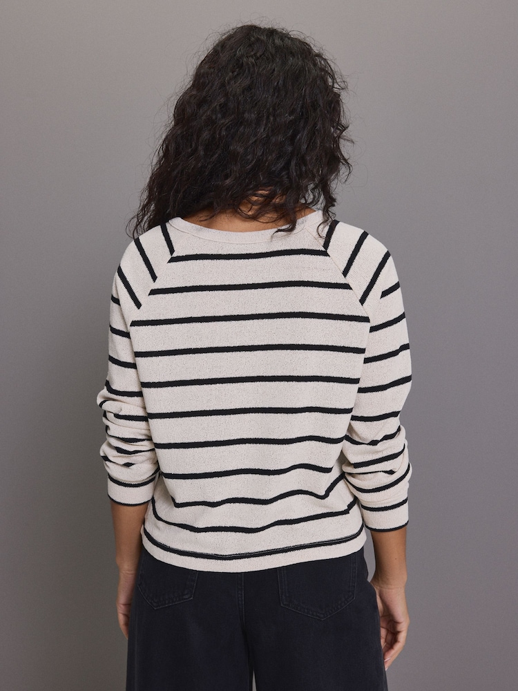 Schwarz/Ecru/Streifen - Langärmliges Henley-Oberteil aus Strick - Bild 2 von 3 Schwarz/Ecru/Streifen - Langärmliges Henley-Oberteil aus Strick - Bild 2 von 3