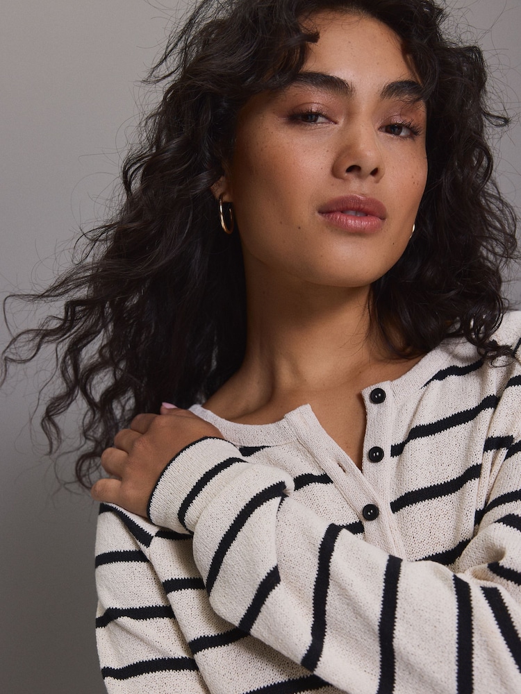 Black/Ecru Stripe Long Sleeve Knitted Henley Top - Image 3 of 3