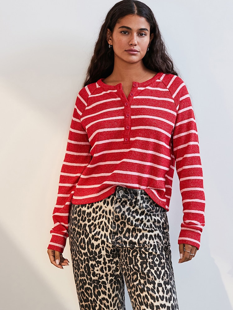 Pink/Red Stripe Long Sleeve Knitted Henley Top - Image 2 of 7