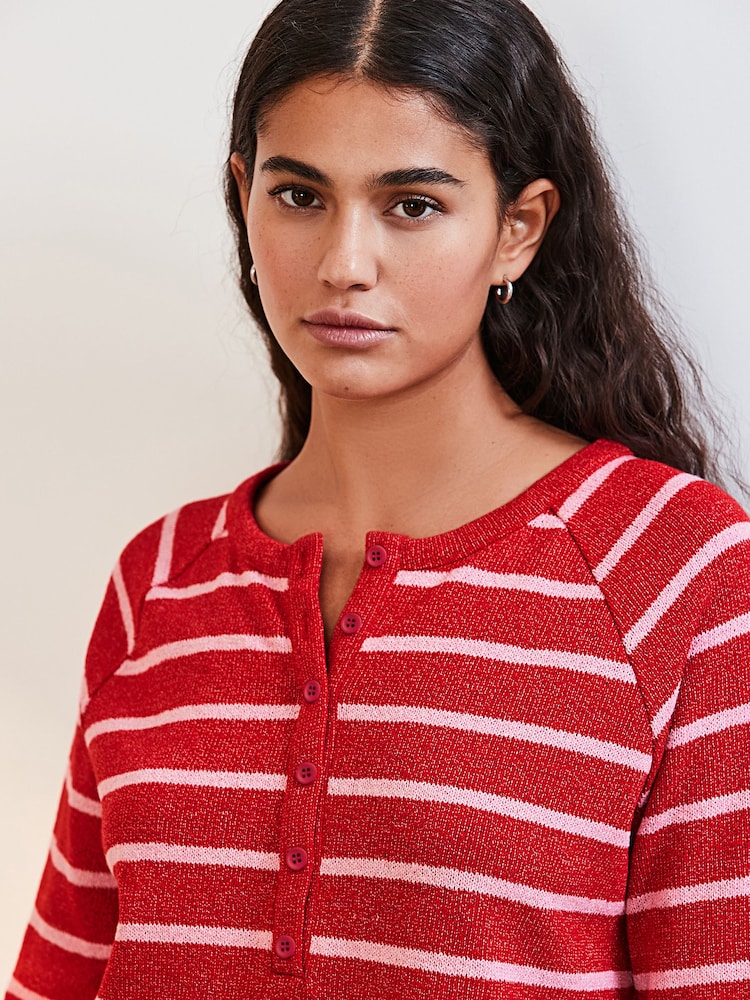 Pink/Red Stripe Long Sleeve Knitted Henley Top - Image 4 of 7