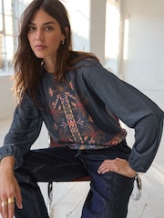 Blue Border Print Long Sleeve Drawstring Hem Blouse - Image 1 of 8