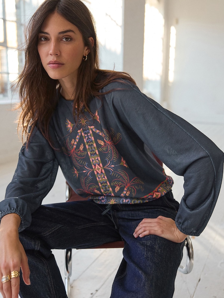 Blue Border Print Long Sleeve Drawstring Hem Blouse - Image 1 of 8