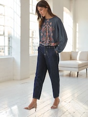 Blue Border Print Long Sleeve Drawstring Hem Blouse - Image 2 of 8