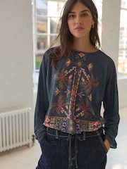 Blue Border Print Long Sleeve Drawstring Hem Blouse - Image 3 of 8