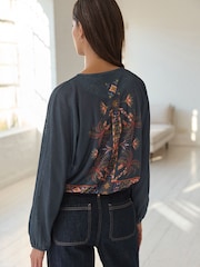 Blue Border Print Long Sleeve Drawstring Hem Blouse - Image 4 of 8