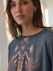 Blue Border Print Long Sleeve Drawstring Hem Blouse - Image 5 of 8