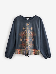 Blue Border Print Long Sleeve Drawstring Hem Blouse - Image 6 of 8