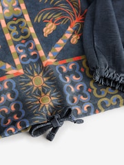 Blue Border Print Long Sleeve Drawstring Hem Blouse - Image 7 of 8