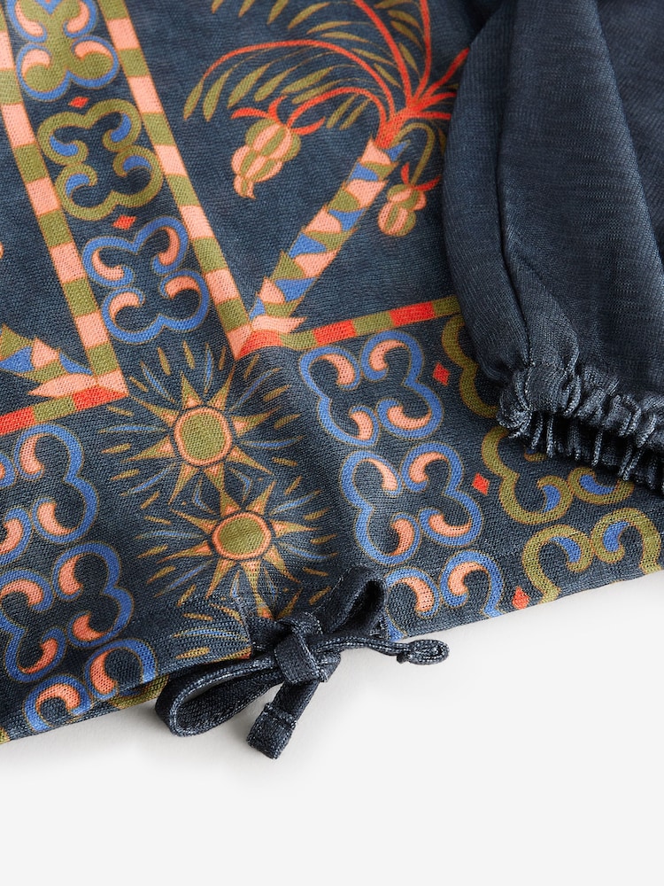 Blue Border Print Long Sleeve Drawstring Hem Blouse - Image 7 of 8