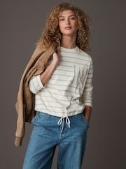 Ecru Stripe Pocket Detail Long Sleeve Drawstring 100% Cotton T-Shirt - Image 1 of 8
