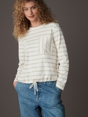 Ecru Stripe Pocket Detail Long Sleeve Drawstring 100% Cotton T-Shirt - Image 2 of 8