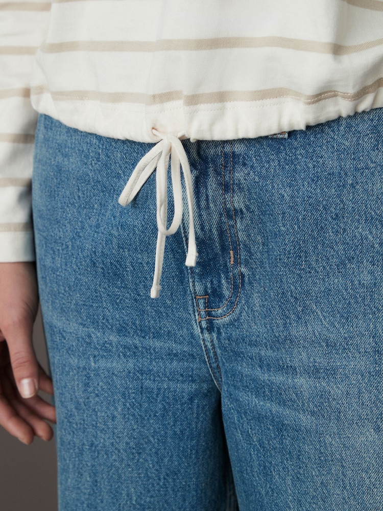 Ecru Stripe Pocket Detail Long Sleeve Drawstring 100% Cotton T-Shirt - Image 3 of 8