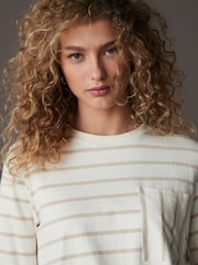 Ecru Stripe Pocket Detail Long Sleeve Drawstring 100% Cotton T-Shirt - Image 4 of 8