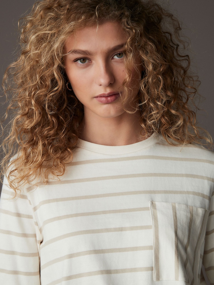 Ecru Stripe Pocket Detail Long Sleeve Drawstring 100% Cotton T-Shirt - Image 4 of 8