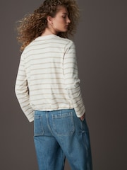 Ecru Stripe Pocket Detail Long Sleeve Drawstring 100% Cotton T-Shirt - Image 5 of 8