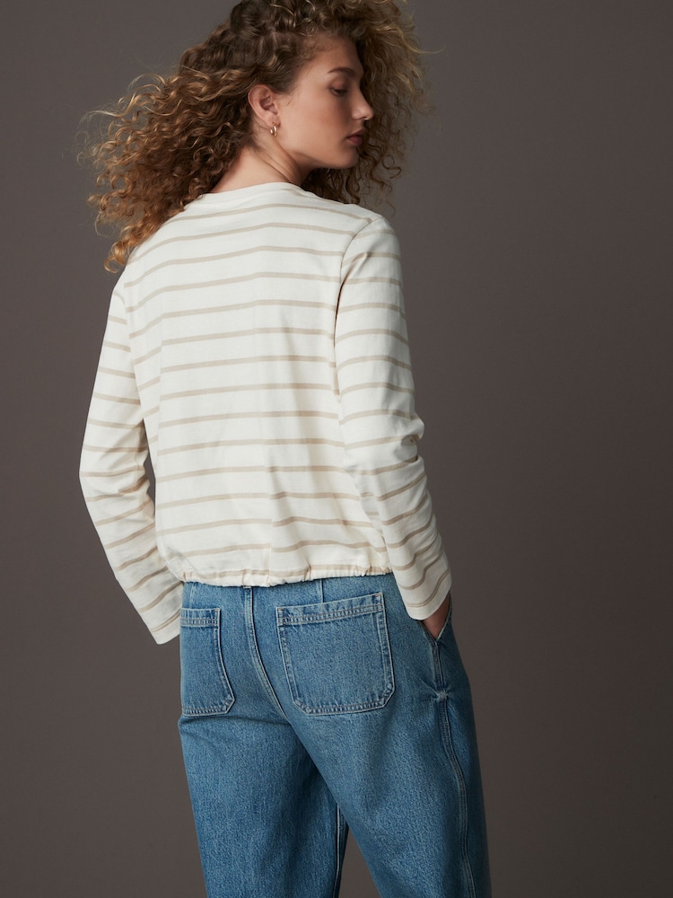 Ecru Stripe Pocket Detail Long Sleeve Drawstring 100% Cotton T-Shirt - Image 5 of 8