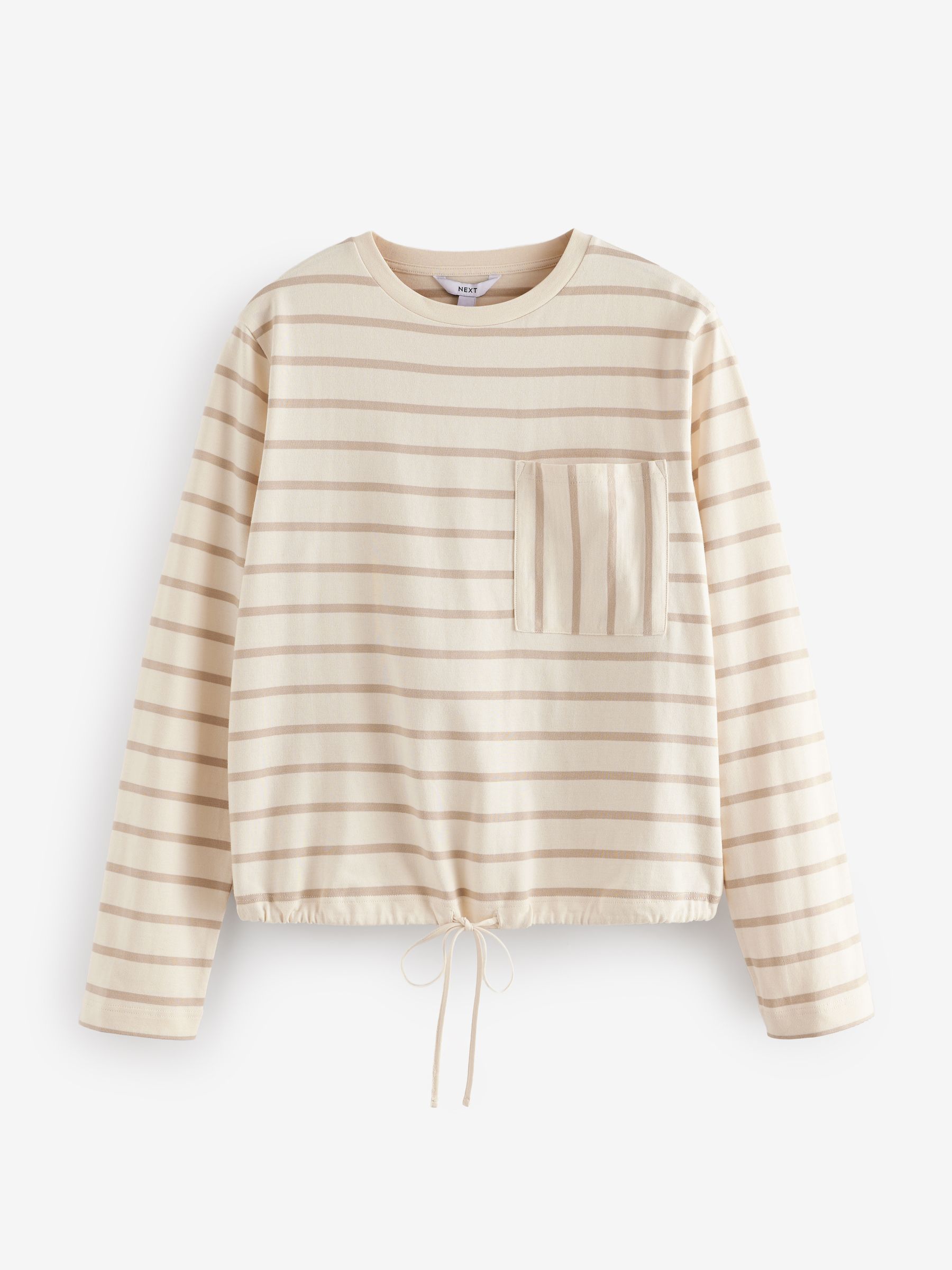 Buy Ecru Stripe Pocket Detail Long Sleeve Drawstring 100% Cotton T