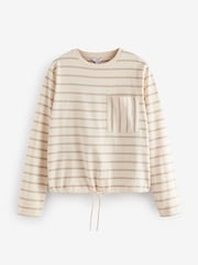 Ecru Stripe Pocket Detail Long Sleeve Drawstring 100% Cotton T-Shirt - Image 6 of 8