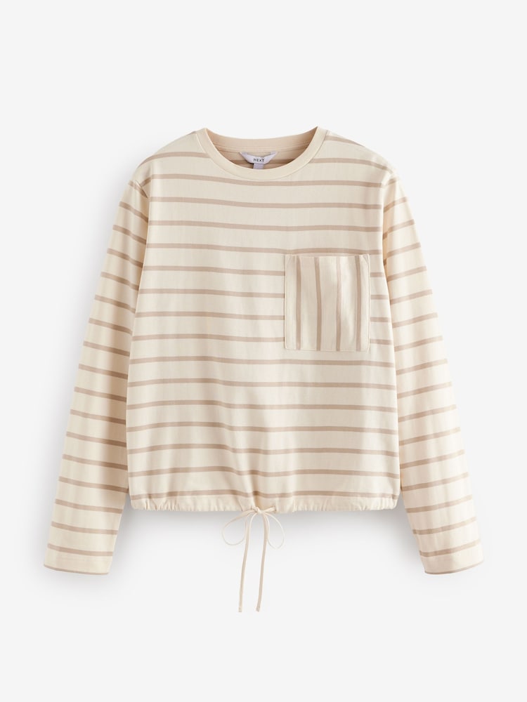 Ecru Stripe Pocket Detail Long Sleeve Drawstring 100% Cotton T-Shirt - Image 6 of 8