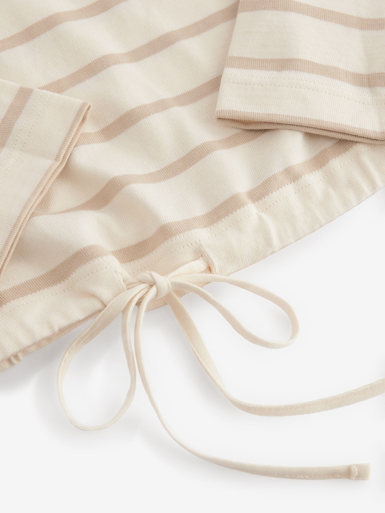 Ecru Stripe Pocket Detail Long Sleeve Drawstring 100% Cotton T-Shirt - Image 8 of 8
