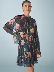 Navy blue Floral Floral Mesh Tie Neck Mini Dress - Image 1 of 7