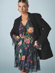 Navy blue Floral Floral Mesh Tie Neck Mini Dress - Image 2 of 7