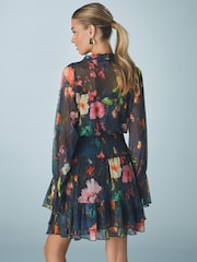 Navy blue Floral Floral Mesh Tie Neck Mini Dress - Image 3 of 7