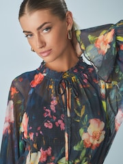 Navy blue Floral Floral Mesh Tie Neck Mini Dress - Image 4 of 7