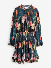 Navy blue Floral Floral Mesh Tie Neck Mini Dress - Image 5 of 7