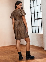 Brown Leopard Animal Textured Jersey Puff Sleeves Tie Front Detail Mini Dress - Image 2 of 7