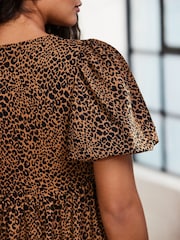 Brown Leopard Animal Textured Jersey Puff Sleeves Tie Front Detail Mini Dress - Image 4 of 7
