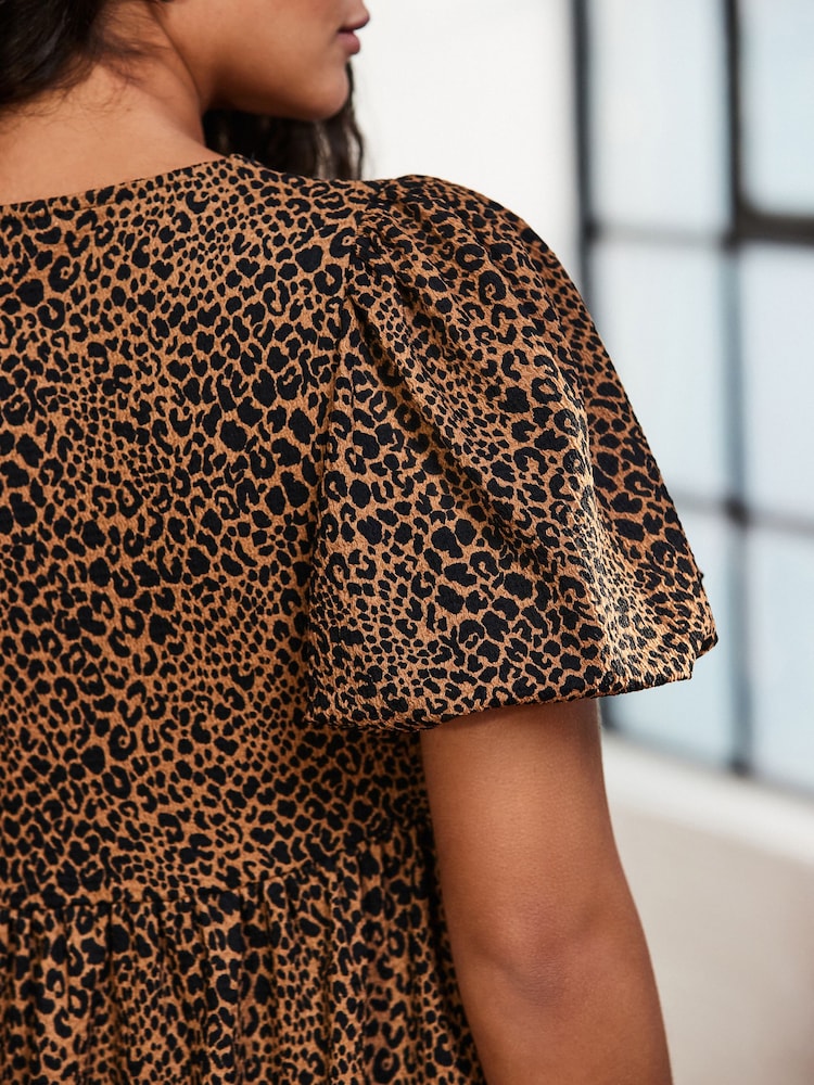 Brown Leopard Animal Textured Jersey Puff Sleeves Tie Front Detail Mini Dress - Image 4 of 7