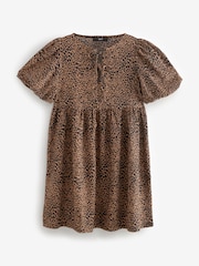 Brown Leopard Animal Textured Jersey Puff Sleeves Tie Front Detail Mini Dress - Image 5 of 7