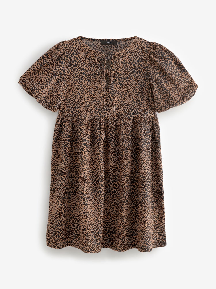 Brown Leopard Animal Textured Jersey Puff Sleeves Tie Front Detail Mini Dress - Image 5 of 7
