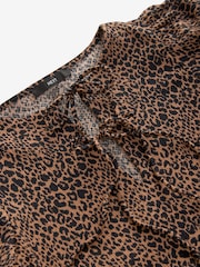 Brown Leopard Animal Textured Jersey Puff Sleeves Tie Front Detail Mini Dress - Image 6 of 7