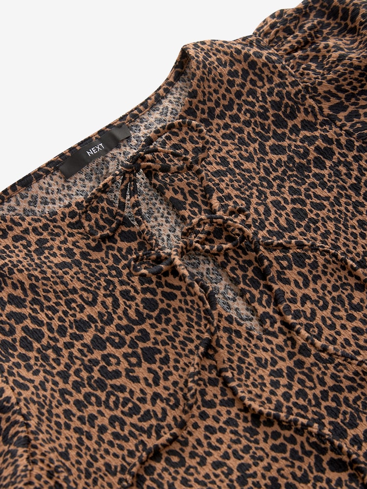 Brown Leopard Animal Textured Jersey Puff Sleeves Tie Front Detail Mini Dress - Image 6 of 7