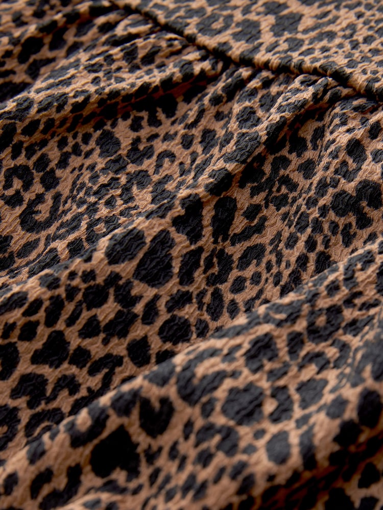 Brown Leopard Animal Textured Jersey Puff Sleeves Tie Front Detail Mini Dress - Image 7 of 7