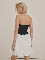 Black/White 100% Cotton Woven Jersey Mix Puffball Hem  Bandeau Mini Dress - Image 2 of 7