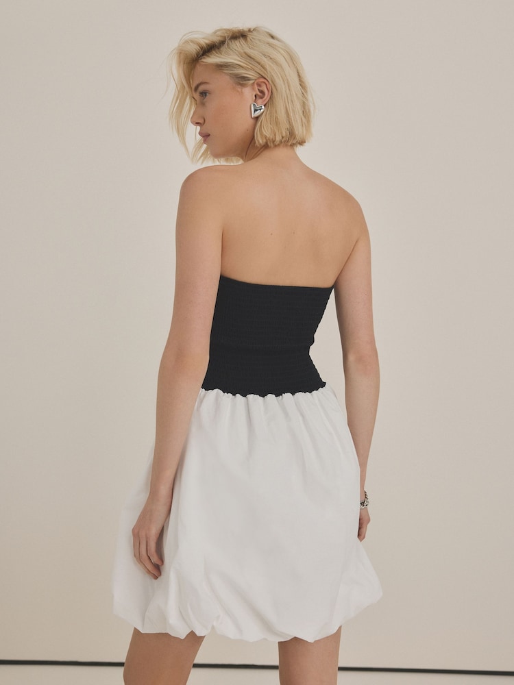Black/White 100% Cotton Woven Jersey Mix Puffball Hem  Bandeau Mini Dress - Image 2 of 7
