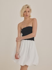 Black/White 100% Cotton Woven Jersey Mix Puffball Hem  Bandeau Mini Dress - Image 3 of 7