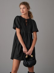 Black Textured Jersey Puff Sleeves Tie Front Detail Mini Dress - Image 1 of 7