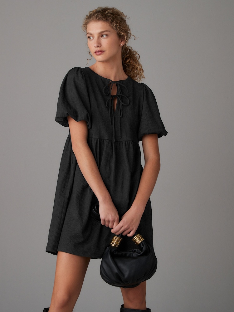 Black Textured Jersey Puff Sleeves Tie Front Detail Mini Dress - Image 1 of 7