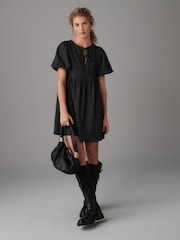 Black Textured Jersey Puff Sleeves Tie Front Detail Mini Dress - Image 2 of 7