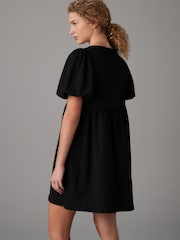 Black Textured Jersey Puff Sleeves Tie Front Detail Mini Dress - Image 3 of 7