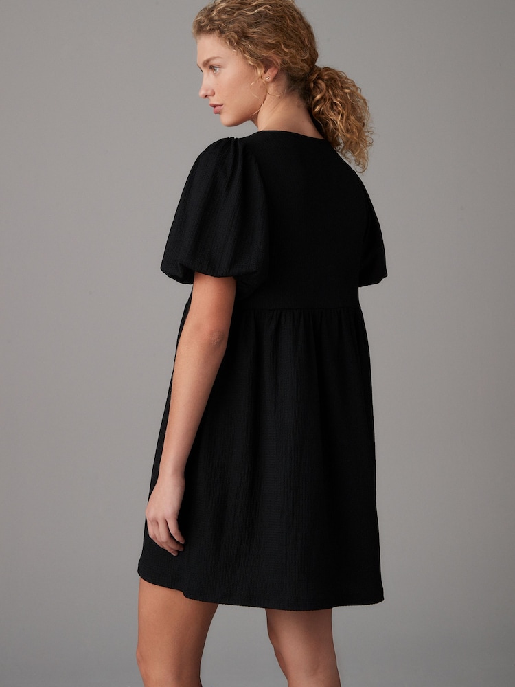 Black Textured Jersey Puff Sleeves Tie Front Detail Mini Dress - Image 3 of 7